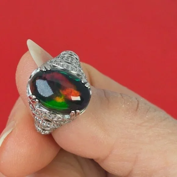 925 Sterling Silver Ring SZ 6.5 with Natural Black Opal & Cz